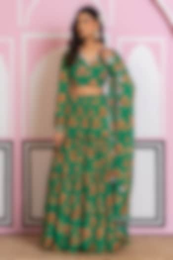 Bottle Green Chinon Chiffon Digital Printed Lehenga Set by Yuvrani Jaipur at Pernia's Pop Up Shop