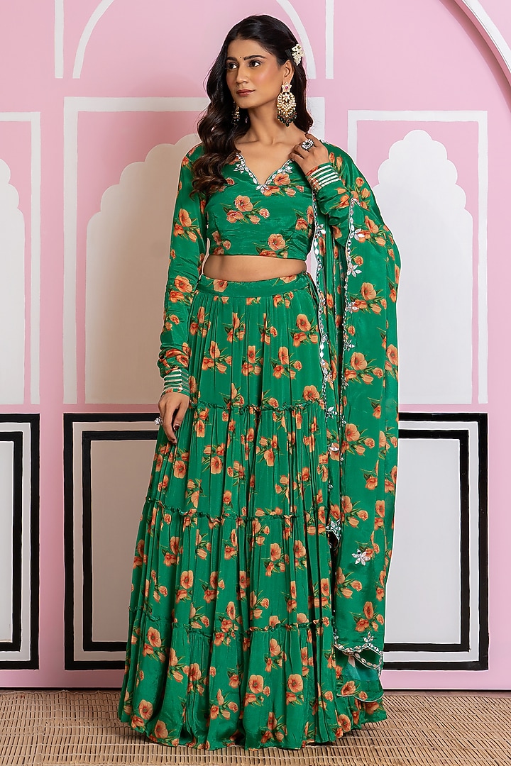 Bottle Green Chinon Chiffon Digital Printed Lehenga Set by Yuvrani Jaipur at Pernia's Pop Up Shop