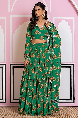 Bottle Green Chinon Chiffon Digital Printed Lehenga Set by Yuvrani Jaipur