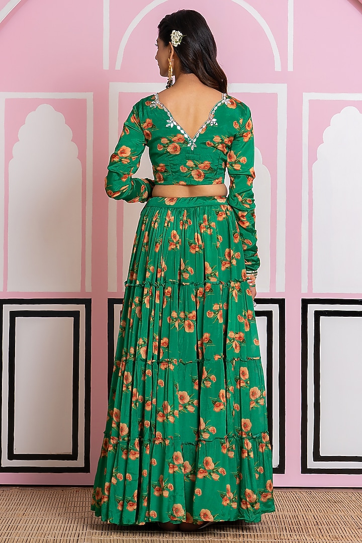 Bottle Green Chinon Chiffon Digital Printed Lehenga Set by Yuvrani Jaipur at Pernia's Pop Up Shop