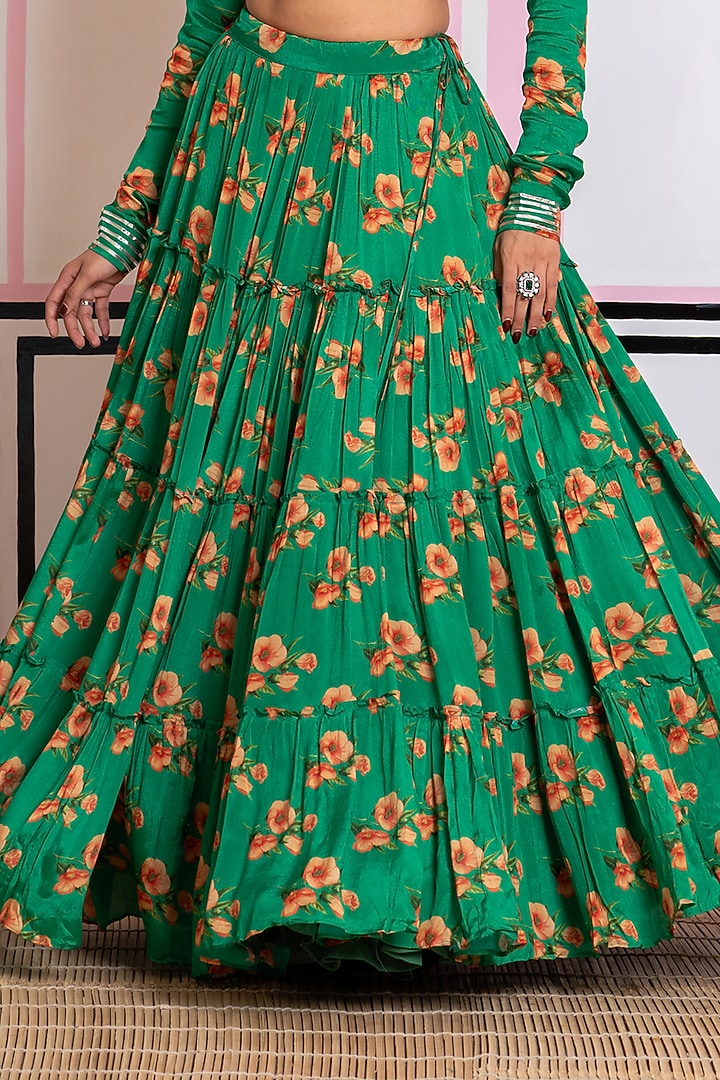 Bottle Green Chinon Chiffon Digital Printed Lehenga Set by Yuvrani Jaipur at Pernia's Pop Up Shop