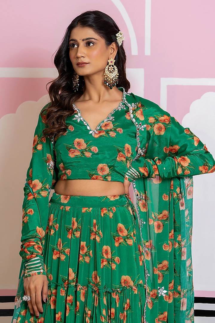 Bottle Green Chinon Chiffon Digital Printed Lehenga Set by Yuvrani Jaipur at Pernia's Pop Up Shop