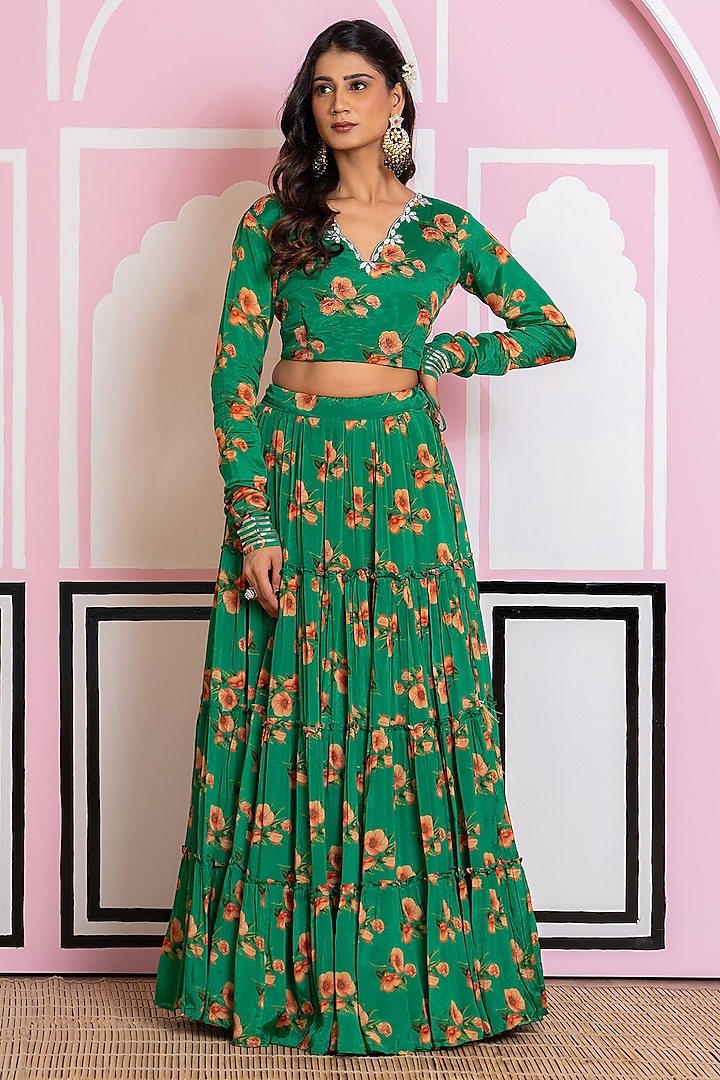 Bottle Green Chinon Chiffon Digital Printed Lehenga Set by Yuvrani Jaipur at Pernia's Pop Up Shop