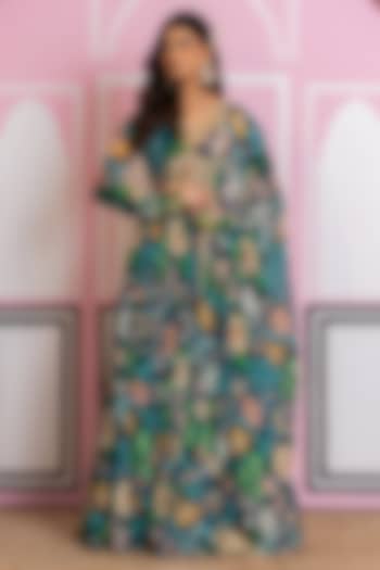 Teal Blue Chinon Chiffon Digital Printed Lehenga Set by Yuvrani Jaipur at Pernia's Pop Up Shop