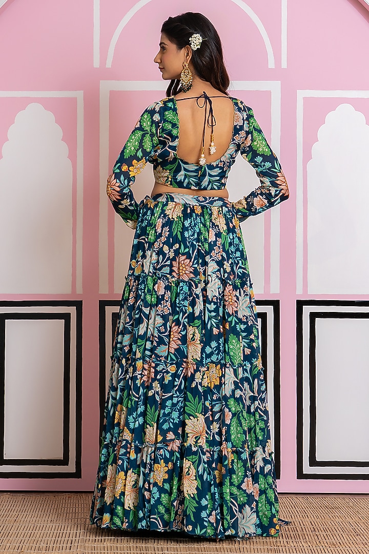 Teal Blue Chinon Chiffon Digital Printed Lehenga Set by Yuvrani Jaipur at Pernia's Pop Up Shop