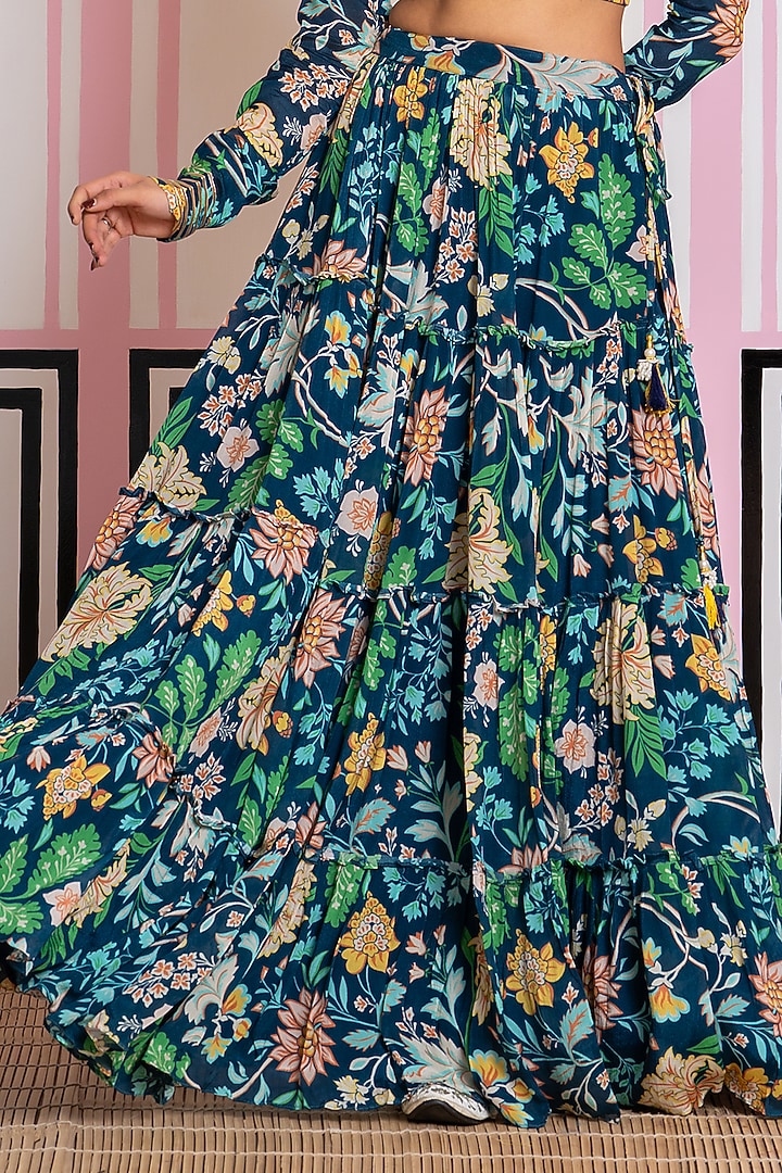 Teal Blue Chinon Chiffon Digital Printed Lehenga Set by Yuvrani Jaipur at Pernia's Pop Up Shop