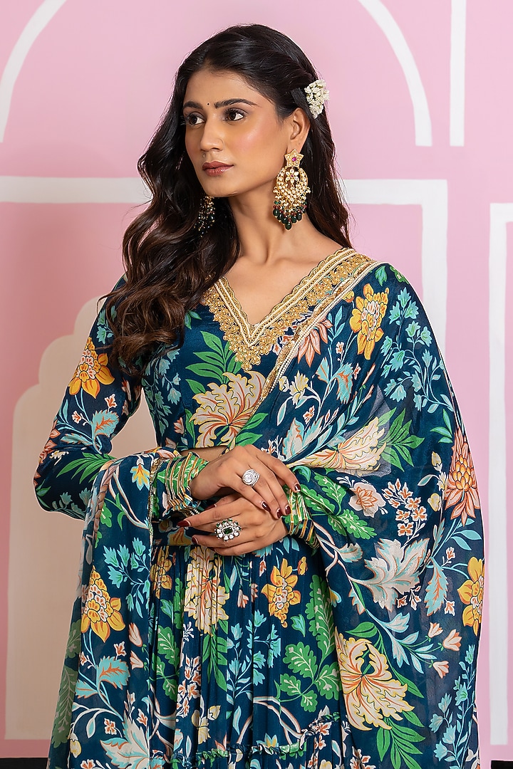 Teal Blue Chinon Chiffon Digital Printed Lehenga Set by Yuvrani Jaipur at Pernia's Pop Up Shop
