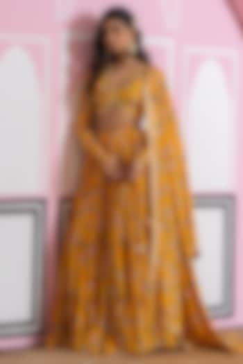 Mustard Chinon Chiffon Digital Printed Lehenga Set by Yuvrani Jaipur at Pernia's Pop Up Shop