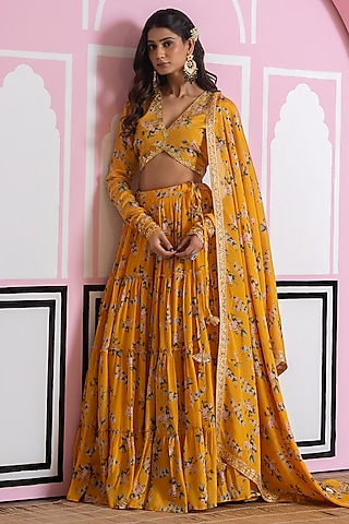 Mustard Chinon Chiffon Digital Printed Lehenga Set by Yuvrani Jaipur
