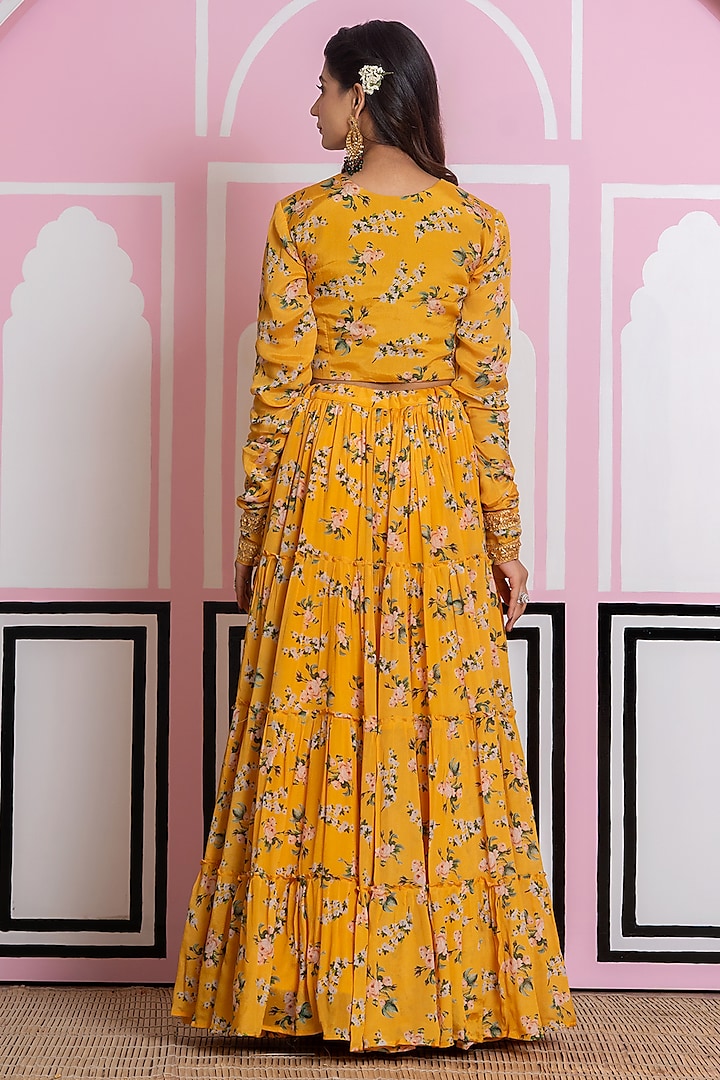 Mustard Chinon Chiffon Digital Printed Lehenga Set by Yuvrani Jaipur at Pernia's Pop Up Shop