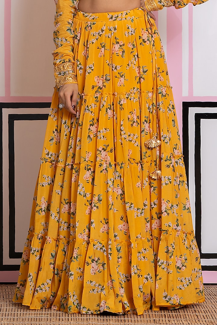 Mustard Chinon Chiffon Digital Printed Lehenga Set by Yuvrani Jaipur at Pernia's Pop Up Shop