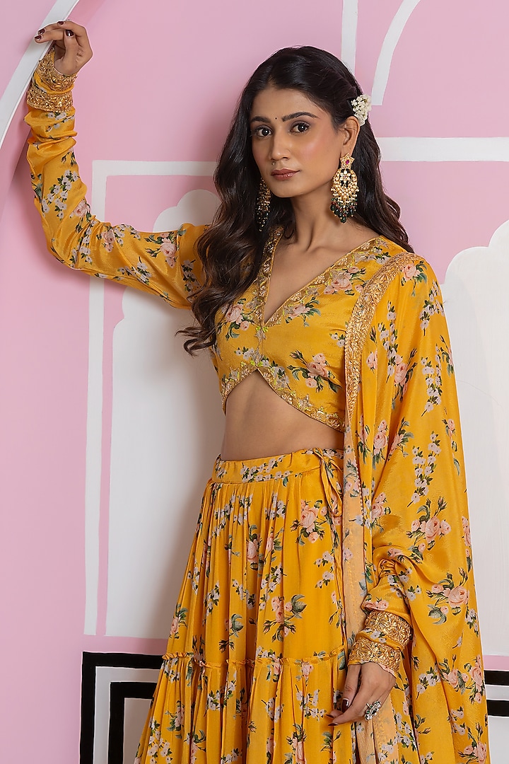 Mustard Chinon Chiffon Digital Printed Lehenga Set by Yuvrani Jaipur at Pernia's Pop Up Shop