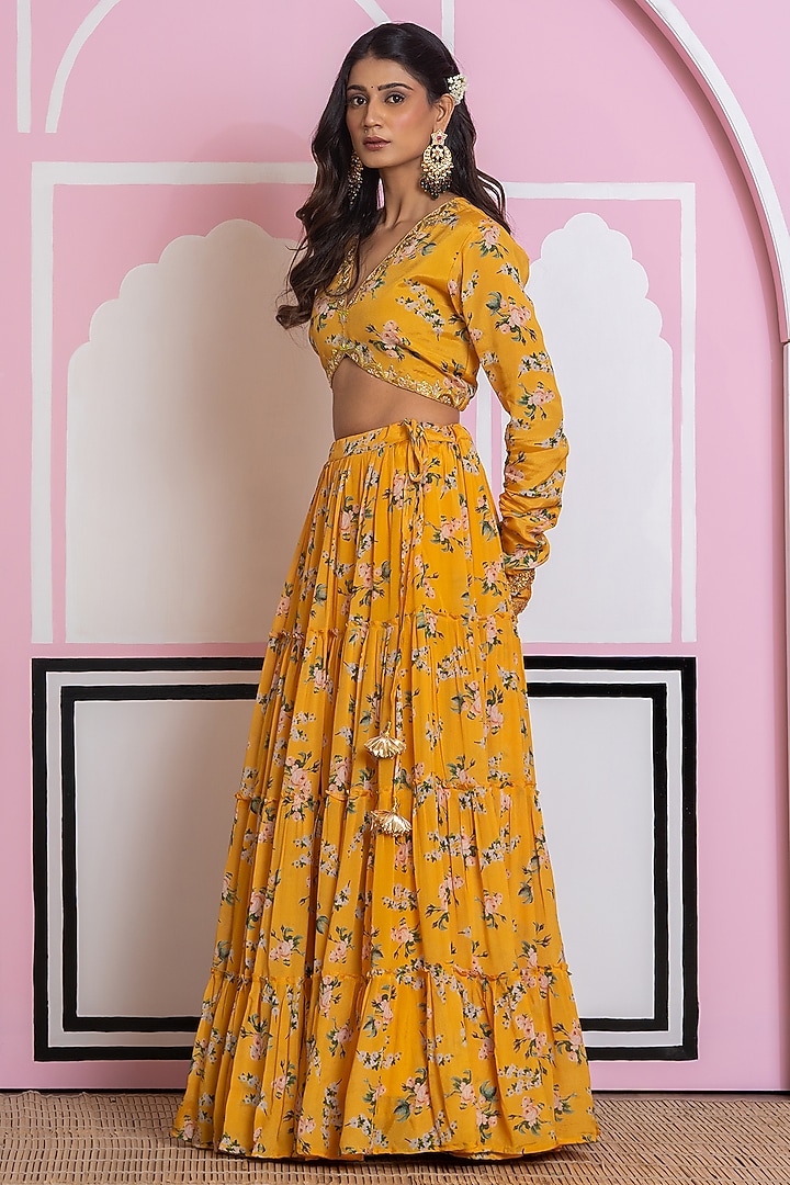 Mustard Chinon Chiffon Digital Printed Lehenga Set by Yuvrani Jaipur at Pernia's Pop Up Shop