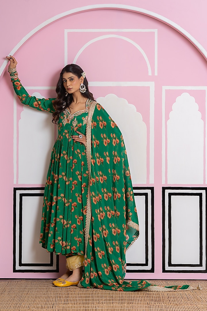 Green Chinon Chiffon Digital Printed Party Wear Anarkali Set by Yuvrani Jaipur at Pernia's Pop Up Shop