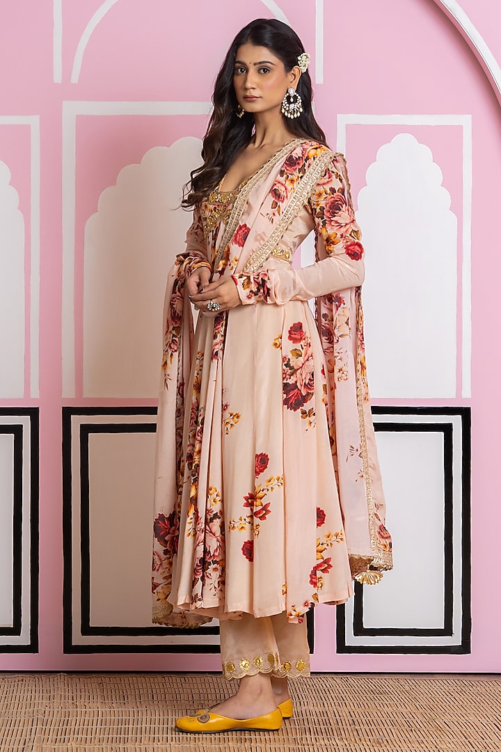 Beige Chinon Chiffon Digital Printed Party Wear Anarkali Set by Yuvrani Jaipur at Pernia's Pop Up Shop