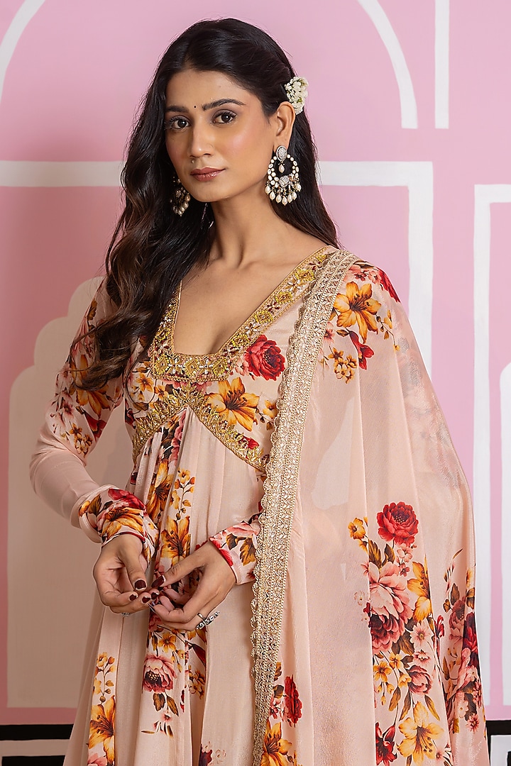 Beige Chinon Chiffon Digital Printed Party Wear Anarkali Set by Yuvrani Jaipur at Pernia's Pop Up Shop
