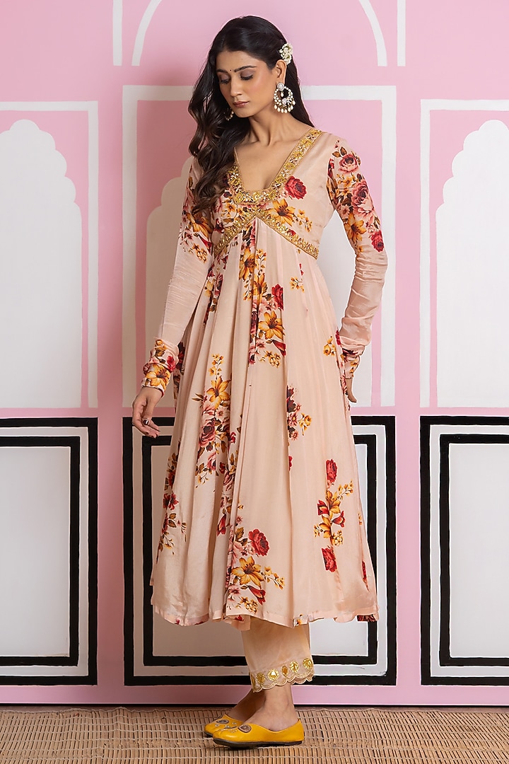 Beige Chinon Chiffon Digital Printed Party Wear Anarkali Set by Yuvrani Jaipur at Pernia's Pop Up Shop