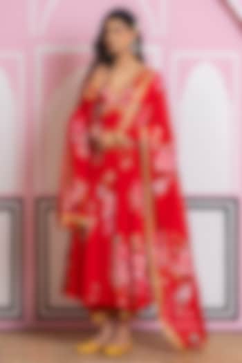 Red Chinon Chiffon Digital Printed Party Wear Anarkali Set by Yuvrani Jaipur at Pernia's Pop Up Shop