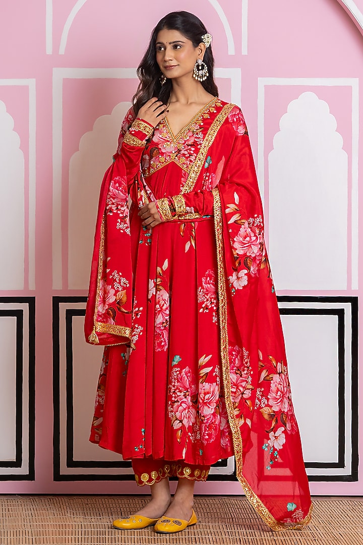 Red Chinon Chiffon Digital Printed Party Wear Anarkali Set by Yuvrani Jaipur at Pernia's Pop Up Shop