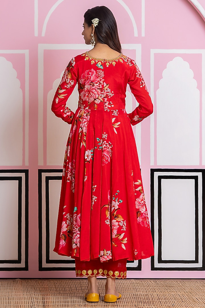 Red Chinon Chiffon Digital Printed Party Wear Anarkali Set by Yuvrani Jaipur at Pernia's Pop Up Shop
