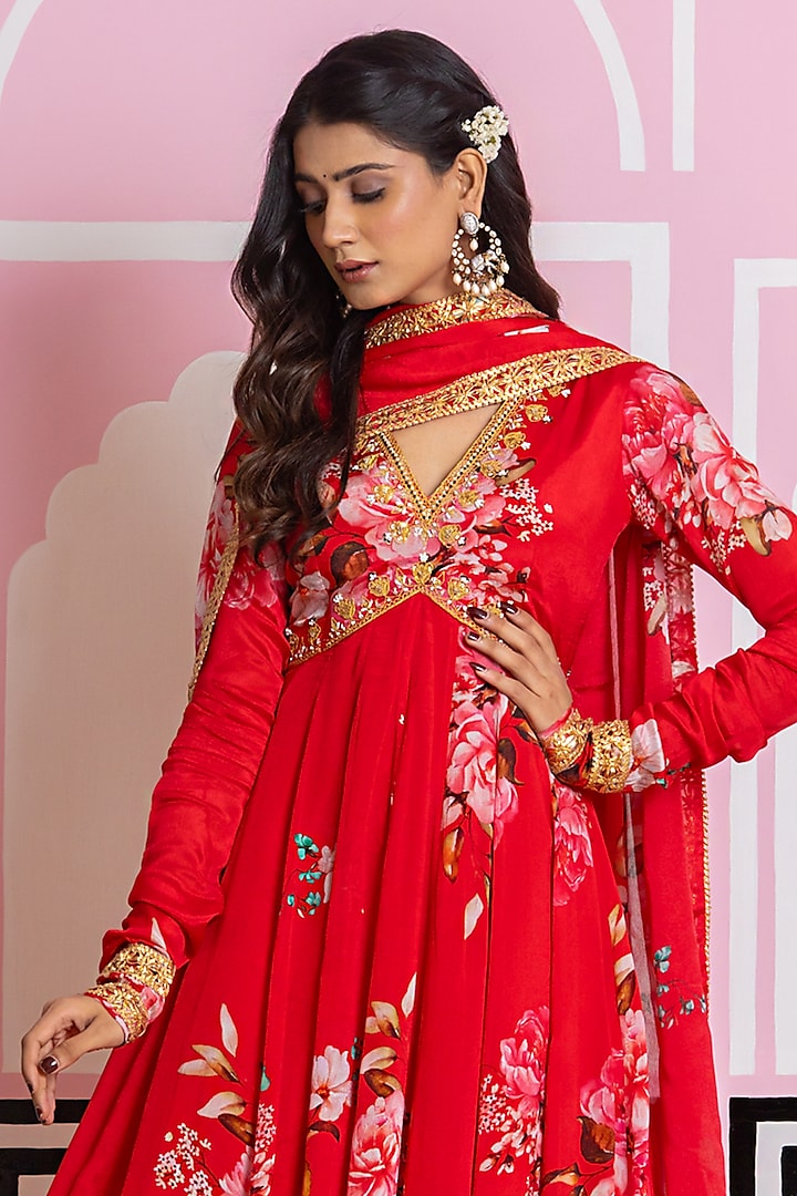 Red Chinon Chiffon Digital Printed Party Wear Anarkali Set by Yuvrani Jaipur at Pernia's Pop Up Shop
