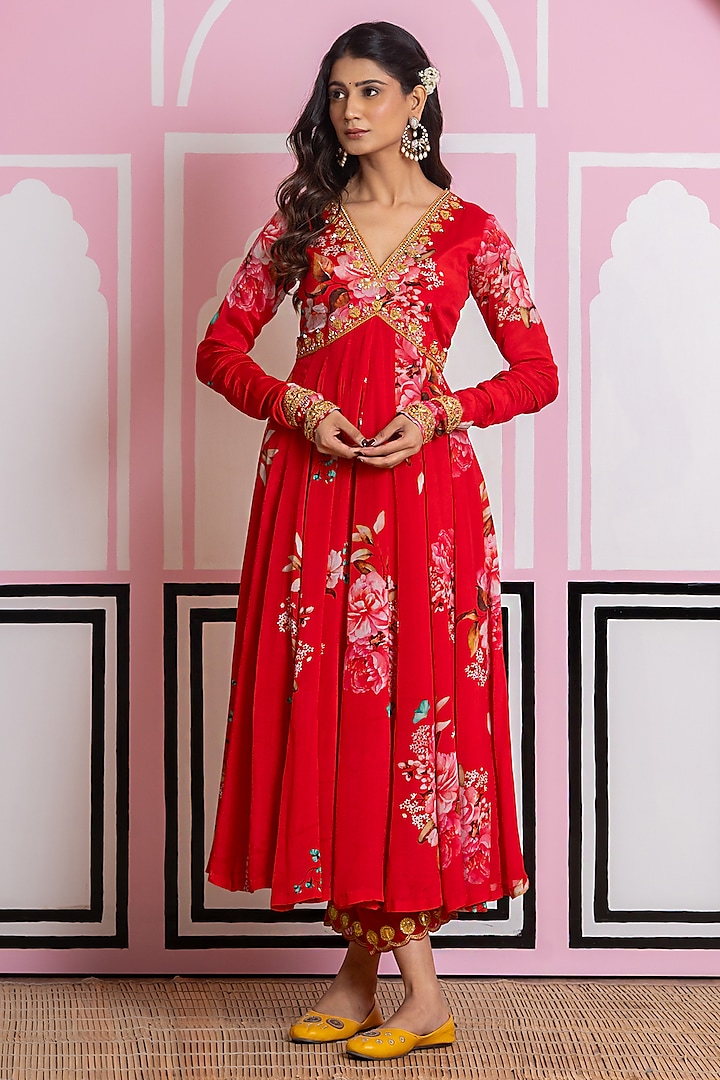 Red Chinon Chiffon Digital Printed Party Wear Anarkali Set by Yuvrani Jaipur at Pernia's Pop Up Shop