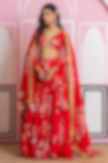 Red Chinon Chiffon Hand Work & Printed Lehenga Set by Yuvrani Jaipur at Pernia's Pop Up Shop