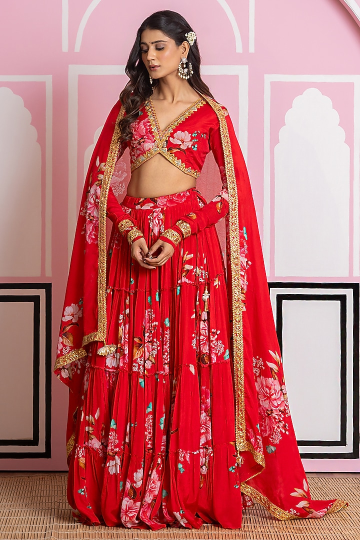 Red Chinon Chiffon Hand Work & Printed Lehenga Set by Yuvrani Jaipur at Pernia's Pop Up Shop