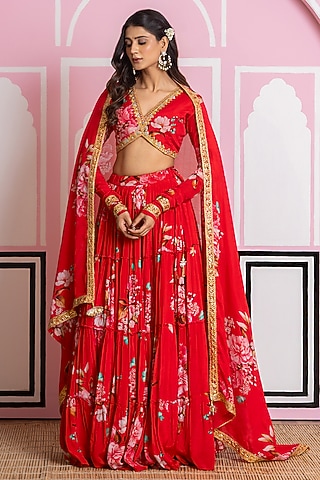 Red Chinon Chiffon Hand Work & Printed Lehenga Set by Yuvrani Jaipur