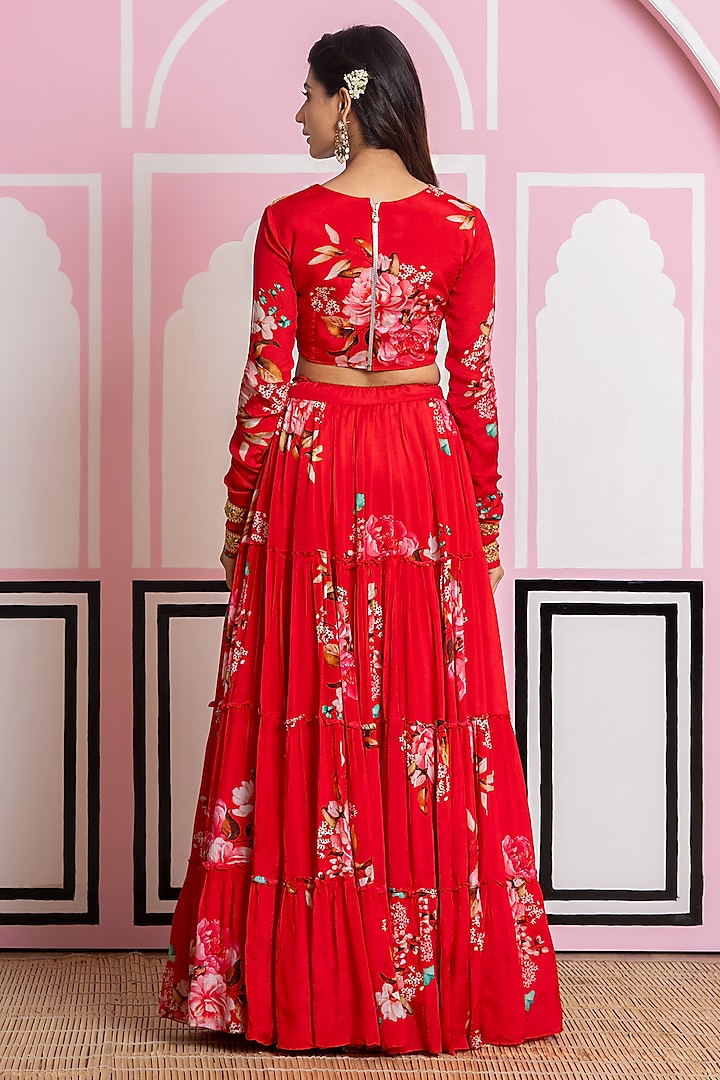 Red Chinon Chiffon Hand Work & Printed Lehenga Set by Yuvrani Jaipur at Pernia's Pop Up Shop