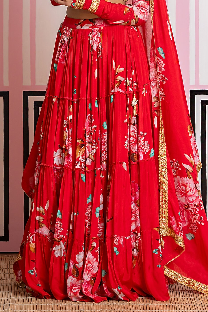 Red Chinon Chiffon Hand Work & Printed Lehenga Set by Yuvrani Jaipur at Pernia's Pop Up Shop