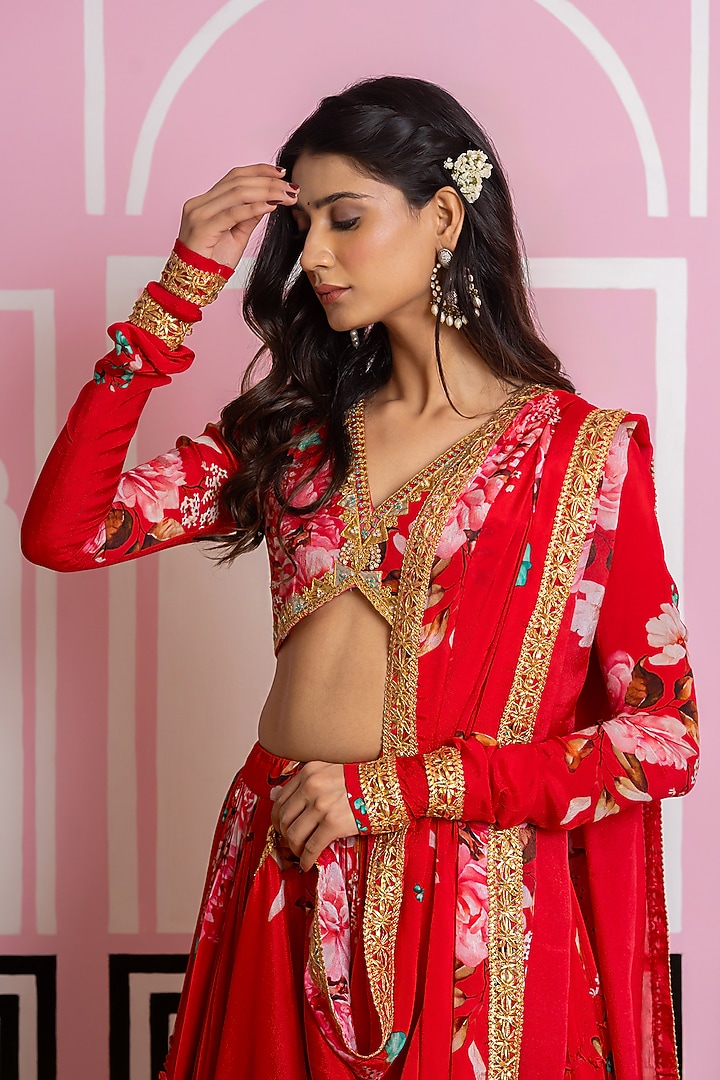 Red Chinon Chiffon Hand Work & Printed Lehenga Set by Yuvrani Jaipur at Pernia's Pop Up Shop