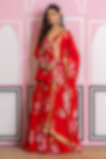 Red Chinon Chiffon Hand Work & Printed Lehenga Set by Yuvrani Jaipur at Pernia's Pop Up Shop