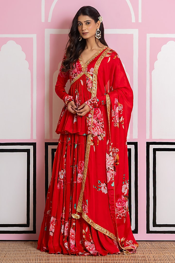 Red Chinon Chiffon Hand Work & Printed Lehenga Set by Yuvrani Jaipur at Pernia's Pop Up Shop
