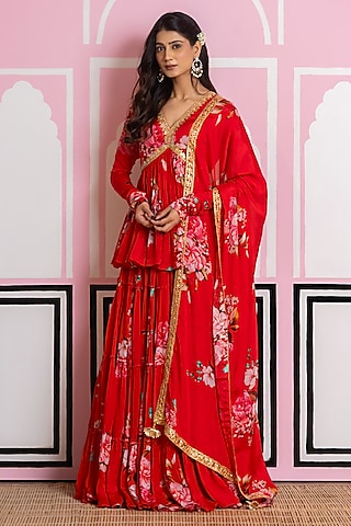 Red Chinon Chiffon Hand Work & Printed Lehenga Set by Yuvrani Jaipur