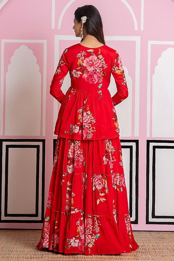 Red Chinon Chiffon Hand Work & Printed Lehenga Set by Yuvrani Jaipur at Pernia's Pop Up Shop