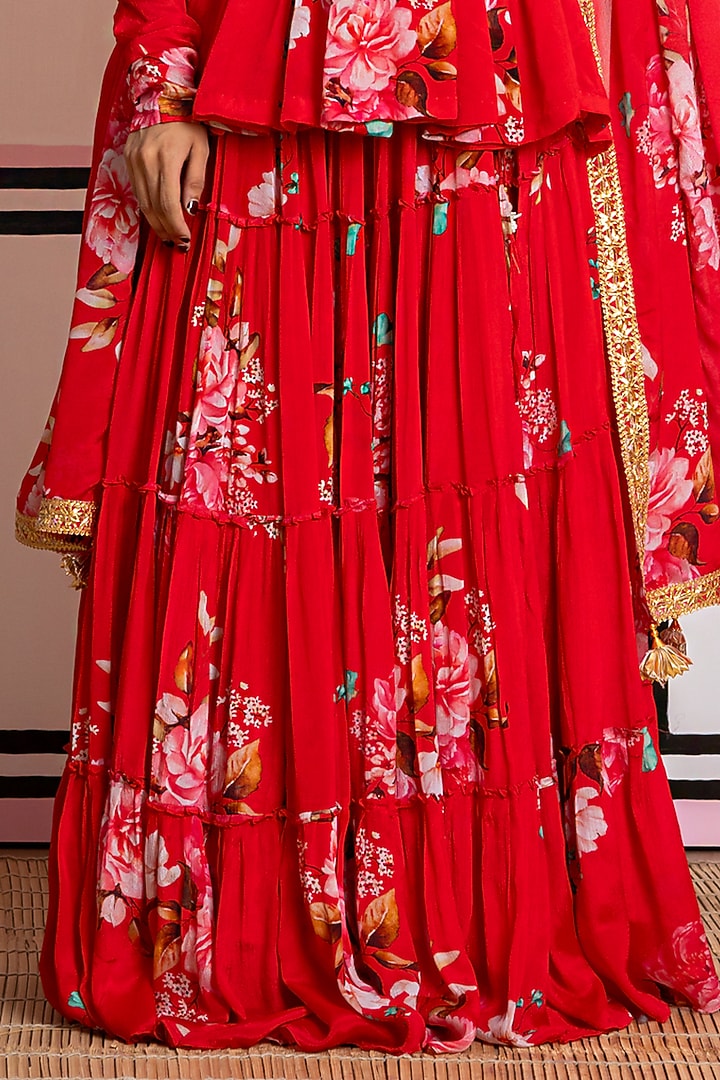 Red Chinon Chiffon Hand Work & Printed Lehenga Set by Yuvrani Jaipur at Pernia's Pop Up Shop