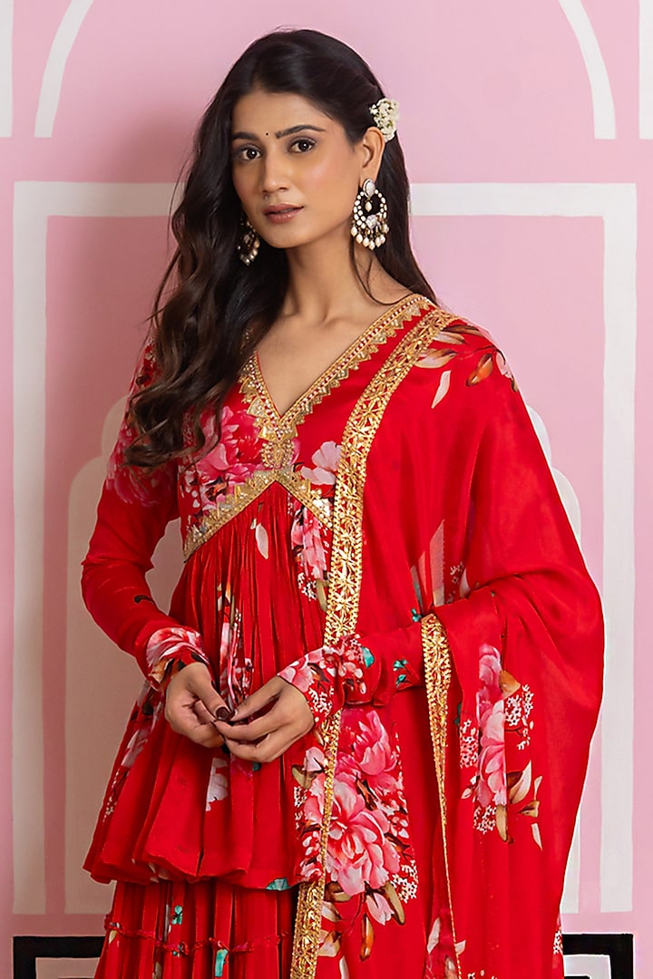 Red Chinon Chiffon Hand Work & Printed Lehenga Set by Yuvrani Jaipur at Pernia's Pop Up Shop