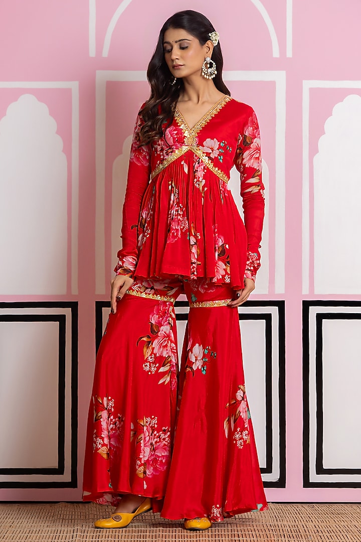 Red Chinon Chiffon Hand Work & Printed Party Wear Sharara Set by Yuvrani Jaipur at Pernia's Pop Up Shop