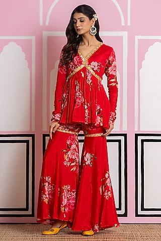 Red Chinon Chiffon Hand Work & Printed Sharara Set by Yuvrani Jaipur