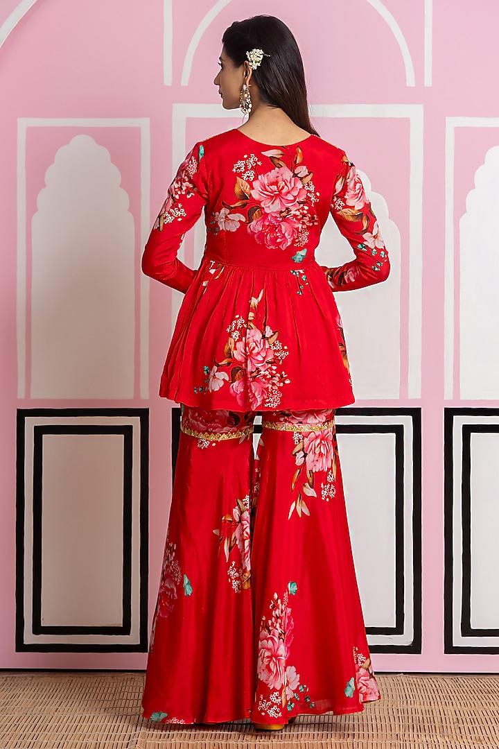 Red Chinon Chiffon Hand Work & Printed Party Wear Sharara Set by Yuvrani Jaipur at Pernia's Pop Up Shop