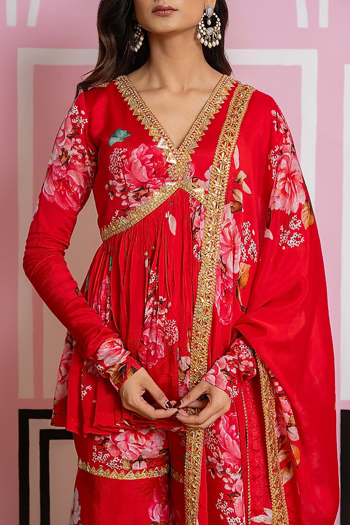 Red Chinon Chiffon Hand Work & Printed Party Wear Sharara Set by Yuvrani Jaipur at Pernia's Pop Up Shop