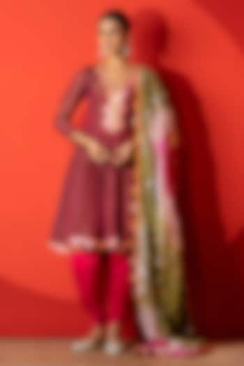 Maroon Crunchy Silk Gota Patti Work Kurta Set by Yuvrani Jaipur at Pernia's Pop Up Shop