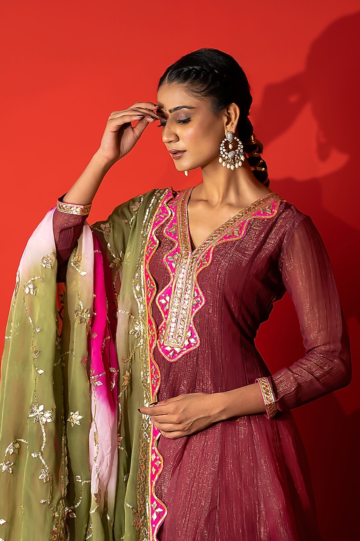 Maroon Crunchy Silk Gota Patti Work Kurta Set by Yuvrani Jaipur at Pernia's Pop Up Shop