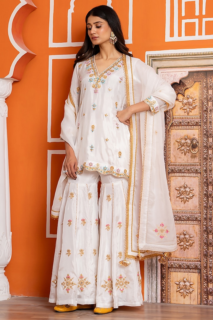 Ivory Pure Spun Silk Gota Patti Embroidered Party Wear Sharara Set by Yuvrani Jaipur at Pernia's Pop Up Shop