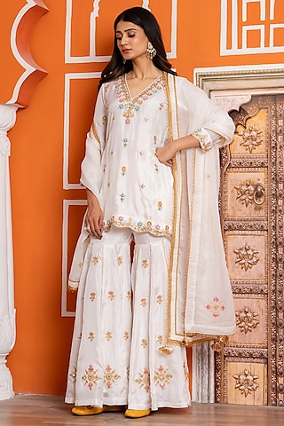 Ivory Pure Spun Silk Gota Patti Embroidered Sharara Set by Yuvrani Jaipur