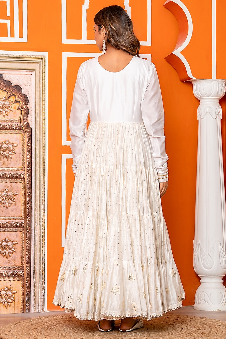 Ivory Muslin Foil Printed Party Wear Anarkali Set by Yuvrani Jaipur at Pernia's Pop Up Shop