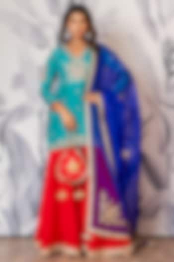 Red Pure Spun Silk Marodi Embroidered Party Wear Sharara Set by Yuvrani Jaipur at Pernia's Pop Up Shop