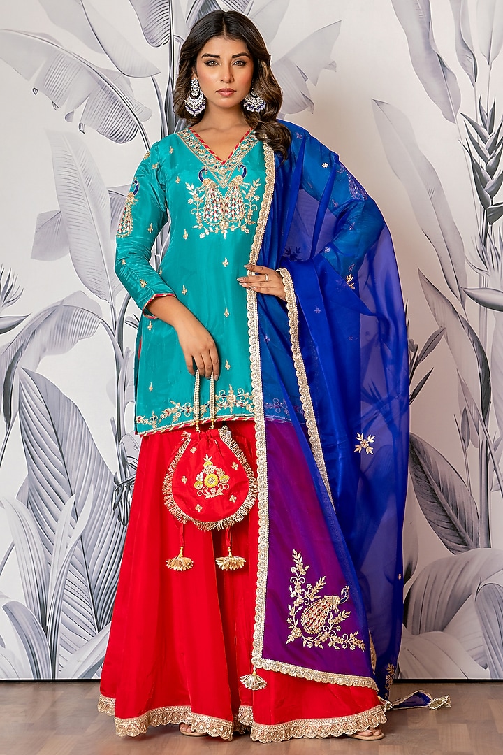 Red Pure Spun Silk Marodi Embroidered Party Wear Sharara Set by Yuvrani Jaipur at Pernia's Pop Up Shop