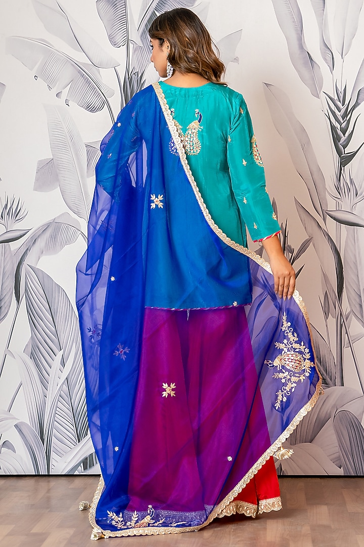 Red Pure Spun Silk Marodi Embroidered Party Wear Sharara Set by Yuvrani Jaipur at Pernia's Pop Up Shop